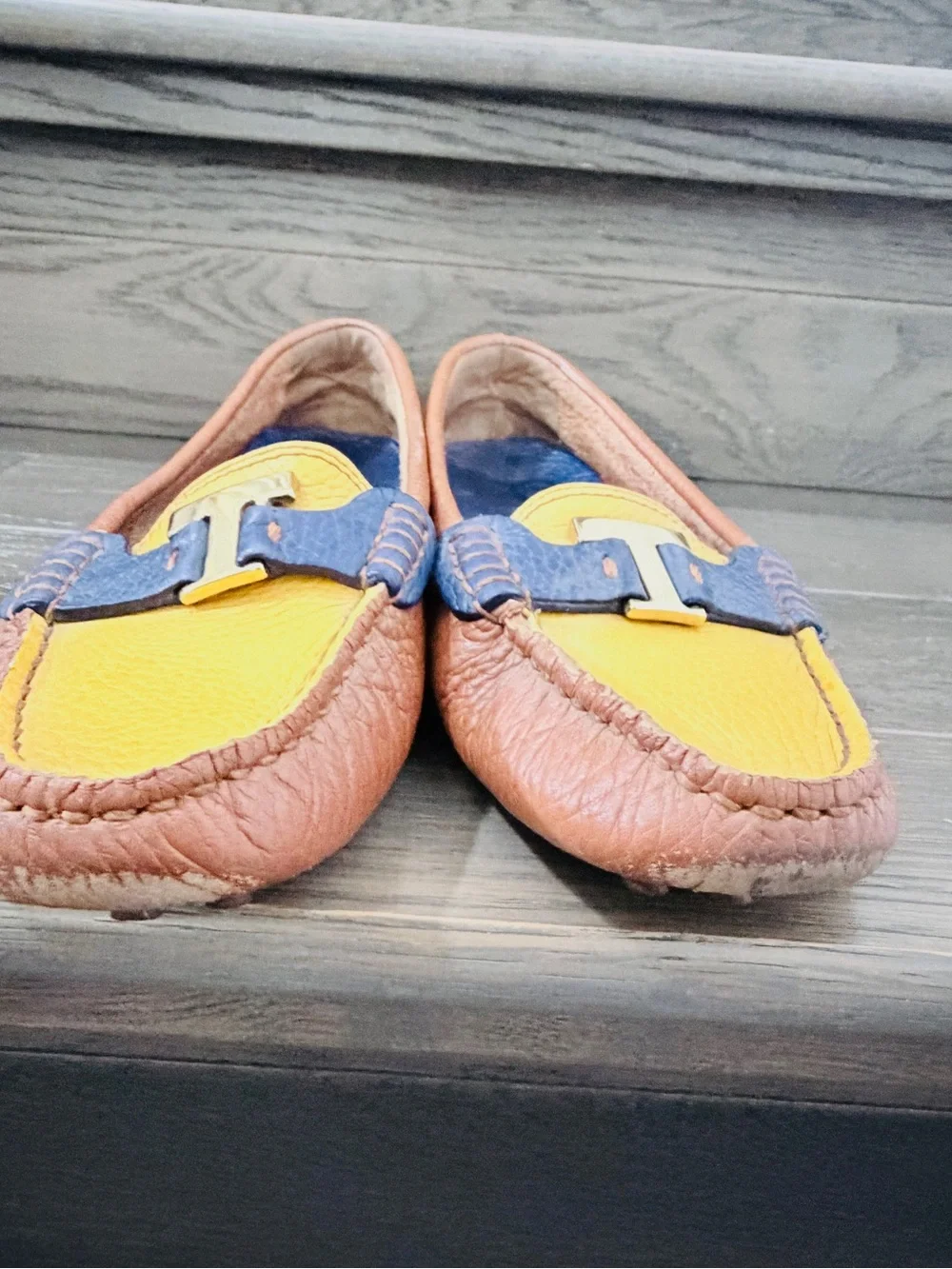 Tory Burch Brown, Navy & Yellow Two-Tone Leather Loafers